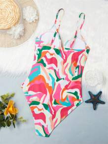 SHEIN Swim Traje de baño de una pieza con estampado abstracto y tirantes de espagueti para mujer, adecuado para la playa o el verano de vacaciones