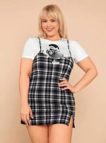 FRIENDS X SHEIN Plus Knitted Body-Hugging Dress In Black & White Gingham With Rach & Ross Photo Print, 2 Pieces Set - White - View 1