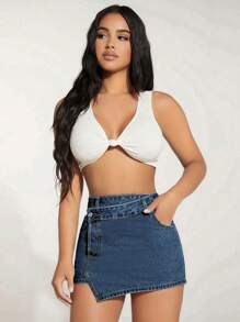 SHEIN PETITE High Waist Asymmetrical Hem Denim Skort - Dark Wash - View 4