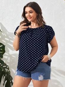 SHEIN Clasi Plus Size Women's Summer Polka Dot Round Neck Petal Short Sleeve Blouse - Navy Blue - View 6
