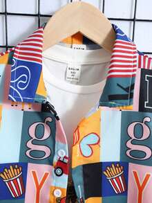 2入組幼兒男童可愛休閒印花領襯衫,帶一個口袋和純色短褲,適合外出、度假、學校、春夏季節穿著 - 藍色 - 查看 4