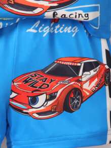 SHEIN Young Boy Cool Street Racing Print Short Sleeve Top And Casual Breathable Shorts - Blue - View 3