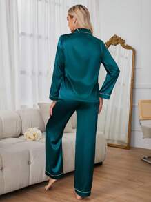Women's Contrast Binding Lapel Long Sleeve Pajama Set, Fall Winter Clothes - Teal Blue - View 2