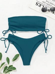SHEIN Swim Women's Ruched Bandeau Bikini Set, Two Pieces Bikini Set For Summer Beach - Teal Blue - View 7