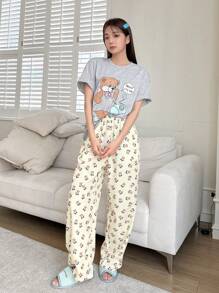 DAZY Conjunto De Pijama Impreso Para Mujeres Con Eslogan Y Dibujos Animados - Gris - Ver 5