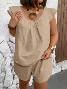 SHEIN LUNE Plus Size Solid Color Pleated Cap Sleeve Top And Shorts Set, Suitable For Summer - Khaki - View 1