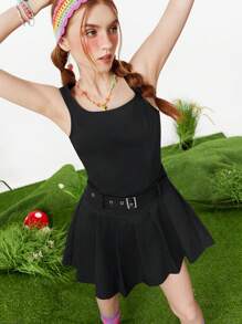 SHEINNeu Women's Washed Cotton Low-Rise Waistband Included Comfortable Pleated Mini Date Dress - Black - View 7