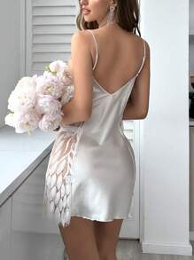 SilkySpell Lace Patchwork Satin V-Neck Women's Pajama Slip Dress With Spaghetti Straps Bridallingerie