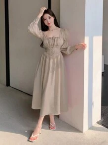 DAZY Solid Color Square Neckline Cinched Waist Belted Dress - Apricot - View 2