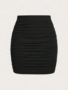 SHEIN BAE Falda Cuerpocon Con Pliegues Sólidos De Color Para Mujer - Negro - Ver 11