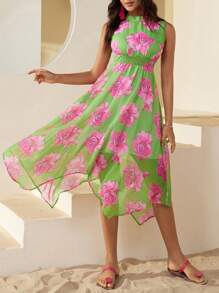 GENKIRA Women's Random Floral Print Asymmetrical Hem Sleeveless Dress For Summer - Multicolor - View 5
