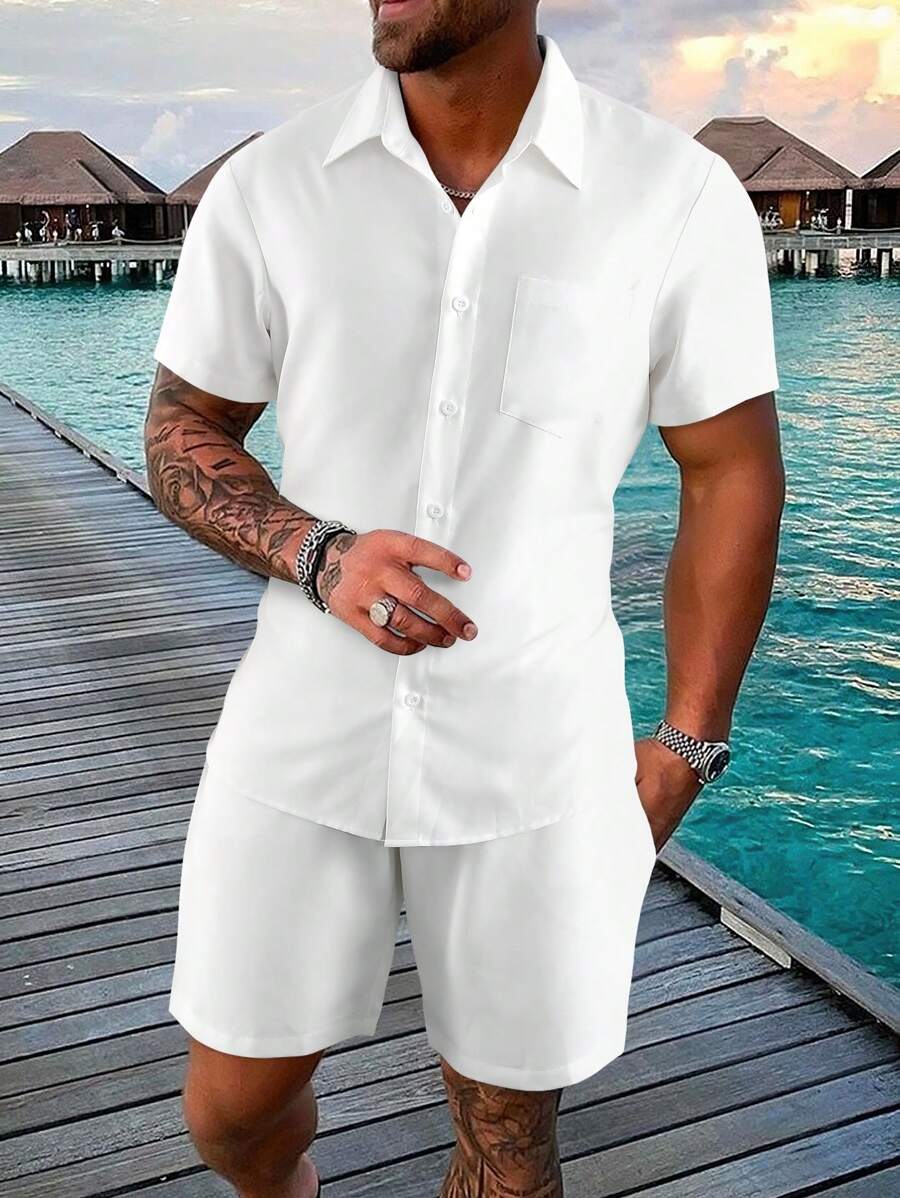 Manfinity Homme Men's Comfortable Pure White Single Pocket Short Sleeved Shirt With Elastic Waistband And Drawstring Double Pocket Shorts Set, Men's Leisure Vacation, Home Office, Party Dinner, Simple, Easy To Take Care Of And Versatile, The Best Gift For Boyfriends Or Husbands, Cozy Outfits - White - View 1