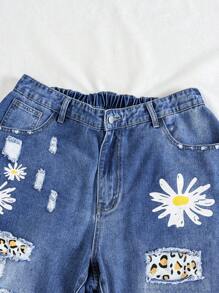 Vaqueros Rasgados Con Estampado De Margaritas De Talla Grande Para Mujer