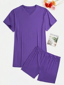 Plus Size Women's High Slit Short Sleeve T-Shirt And Cycling Shorts Stylish 2pcs Set - Purple - View 3
