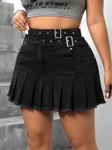SHEIN ICON Plus Size Fashionable Fringed Denim Skirt, Spring/Summer - Black - View 4