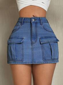 SHEIN SXY Women's Y2k Denim Mini Skirt With Pockets, Suitable For Summer