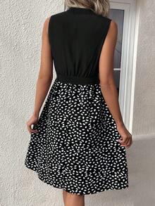 SHEIN LUNE Không tay Cổ chữ V Dây thắt lưng Váy chữ A - màu đen - Xem 2