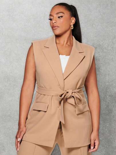 BizChic Talla grande Blazer chaleco de cuello con solapa con cinturón