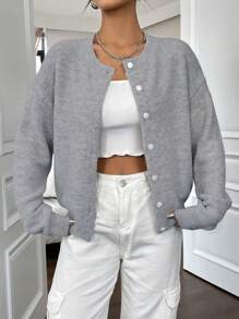 Flirla 純色時尚寬鬆長袖釦前羅紋外套 - 深灰色 - 查看 5