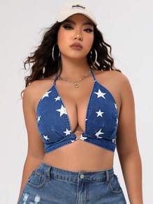 SHEIN ICON Plus Size Denim Halter Top With Star Print - Blue - View 9