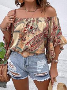 INAWLY 大碼雪紡吊帶印花波浪袖襯衫