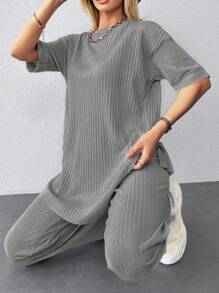 EURMUSE Split Hem Tee & Leggings - Grey - View 3