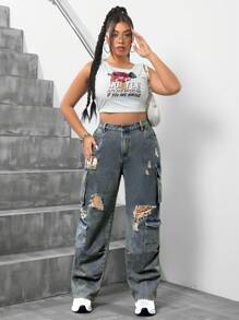 SHEIN ICON Plus Size Distressed Jeans With Pockets