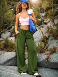 VARSITIE 运动夏季户外基本款束带裤军绿色裤子绿色两件套宽腿瑜伽裤宽腿慢跑裤 - 軍綠色 - 查看 1