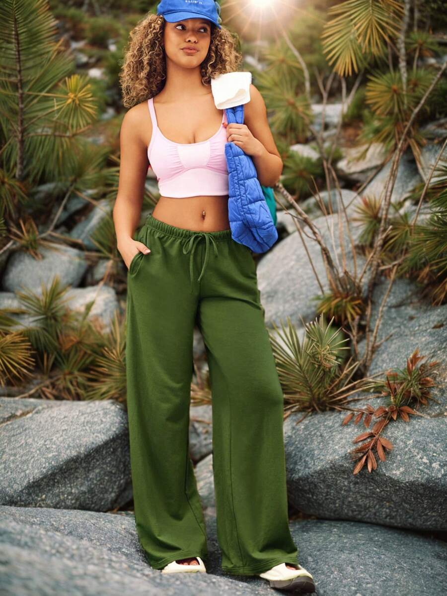 VARSITIE 运动夏季户外基本款束带裤军绿色裤子绿色两件套宽腿瑜伽裤宽腿慢跑裤 - 軍綠色 - 查看 1