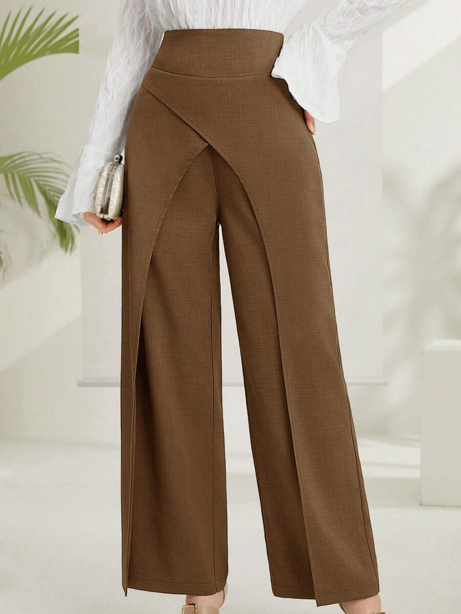 Seusyu Women's Fashionable Solid Color Elegant Asymmetrical Cut Wide Leg Pants Fall Cloth For Women - Coffee Brown - View 1