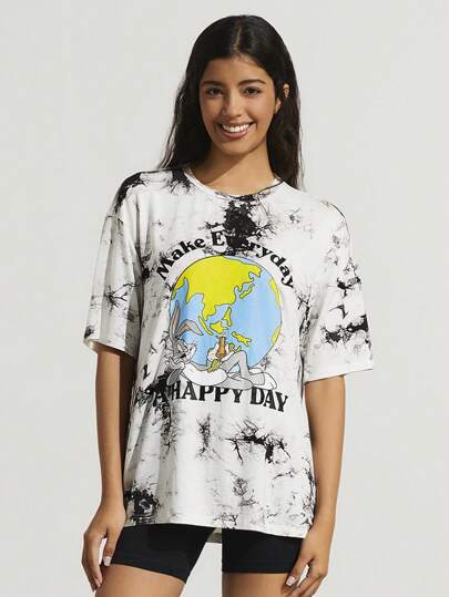 SHEIN Earth Day Fanverse Picks Cartoon And Letter Graphic Tie Dye Drop Shoulder Tee