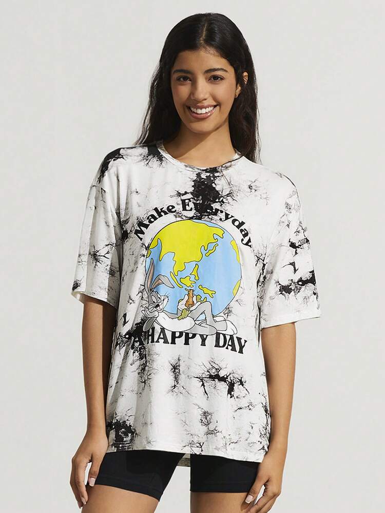 Cartoon And Letter Graphic Tie Dye Drop Shoulder Tee