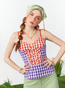 SHEINNeu TOMOTO GIRL Women's Checkered Summer Fashion Camisole Top - Red - View 3