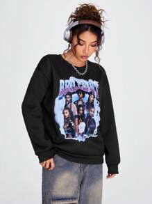 Coolane 女士休闲肖像与字母印花宽松落肩圆领运动衫 - 黑色 - 查看 6