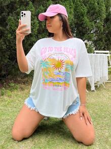 CovetEZ 大码复古乡村阳光假期印花宽松夏季 T 恤 - 白色 - 查看 6