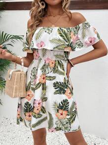 Breezaya 露肩弹力腰 A 字形迷你连衣裙，带荷叶边下摆，度假海滩装女款