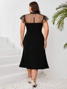 SHEIN Privé 加大碼圓點網紗拼接大擺中長款婚禮聯歡晚禮服，婚禮客人服裝 - 黑色 - 查看 2