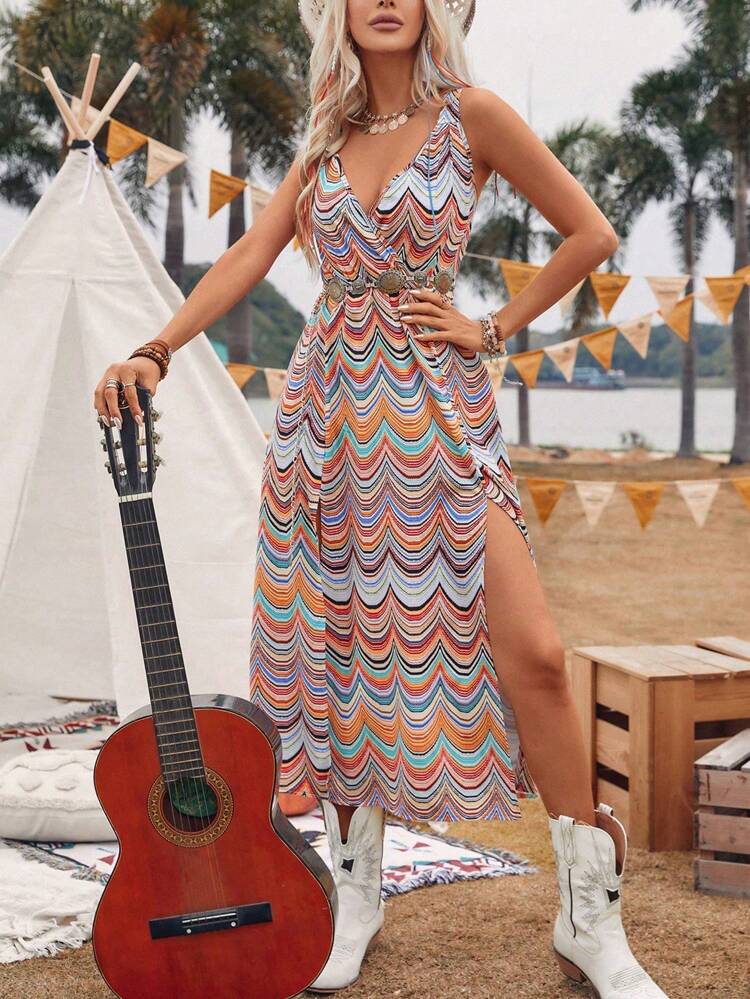 Women's Floral Print Asymmetrical Cutting Backless High Split Dress