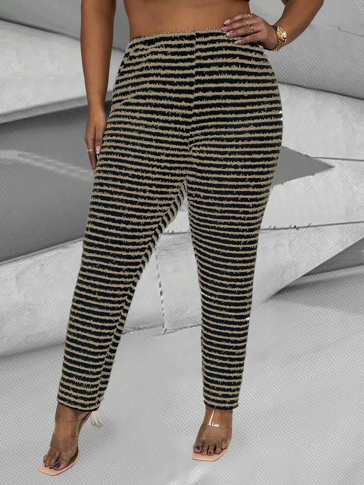 Plus Size Women's Casual Elastic Waist Striped Pants With Frayed Hem Fall Cloth For Women