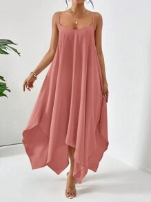 SHEIN Essnce Đầm Dây Spaghetti Viền Bất Đối Xứng Màu Trơn Cho Nữ, Thích Hợp Cho Mùa Hè - Hồng - Xem 1
