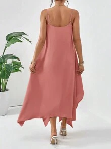 SHEIN Essnce Đầm Dây Spaghetti Viền Bất Đối Xứng Màu Trơn Cho Nữ, Thích Hợp Cho Mùa Hè - Hồng - Xem 2