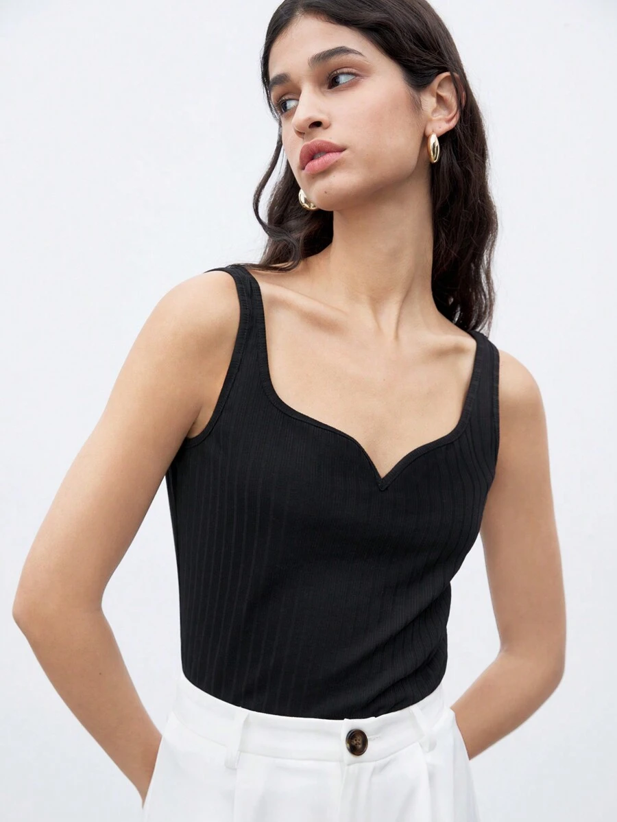 SHEIN Unity Áo ba lỗ có gân thông thường màu trơn cho nữ, thích hợp cho mùa hè - màu đen - Xem 1