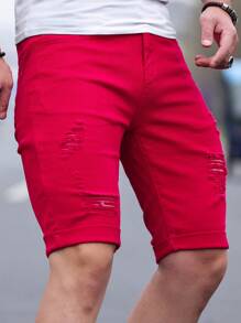 Manfinity Homme Men's Solid Color Ripped Denim Shorts Jorts - Red - View 3