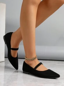 女士簡約款仿麂皮尖頭平底鞋 - 黑色 - 查看 5