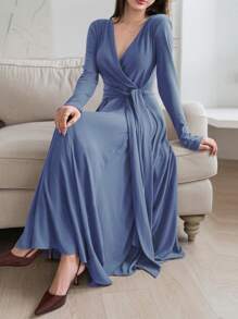 DAZY Solid Color Deep V-Neck Cinching Waist Long Sleeves Midi Dress