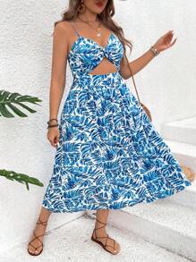 SHEIN VCAY Kích thước lớn Của phụ nữ Mùa hè Kỳ nghỉ Giải trí Nhiệt đới Thực vật In Xu hướng: Cắt giảm Váy Dây - Màu xanh lam - Xem 3