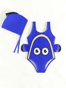 SHEIN Infant Boys' Lovely Blue Phrase Design Swimsuit And Swim Cap Set