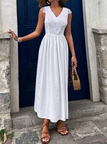 EURMUSE Guipure Lace Notched Neckline Detailed Long Dress - White - View 3