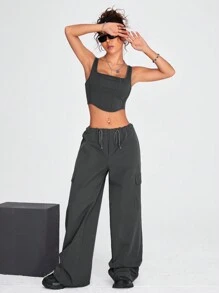 SHEIN X Antonella SHEIN Coolane Solid Crop Tank Top & Flap Pocket Cargo Trousers - Dark Grey - View 4