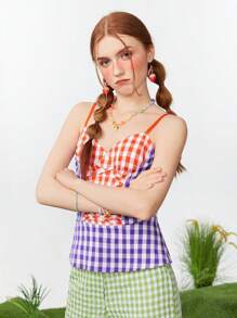 SHEINNeu TOMOTO GIRL Women's Checkered Summer Fashion Camisole Top - Red - View 4